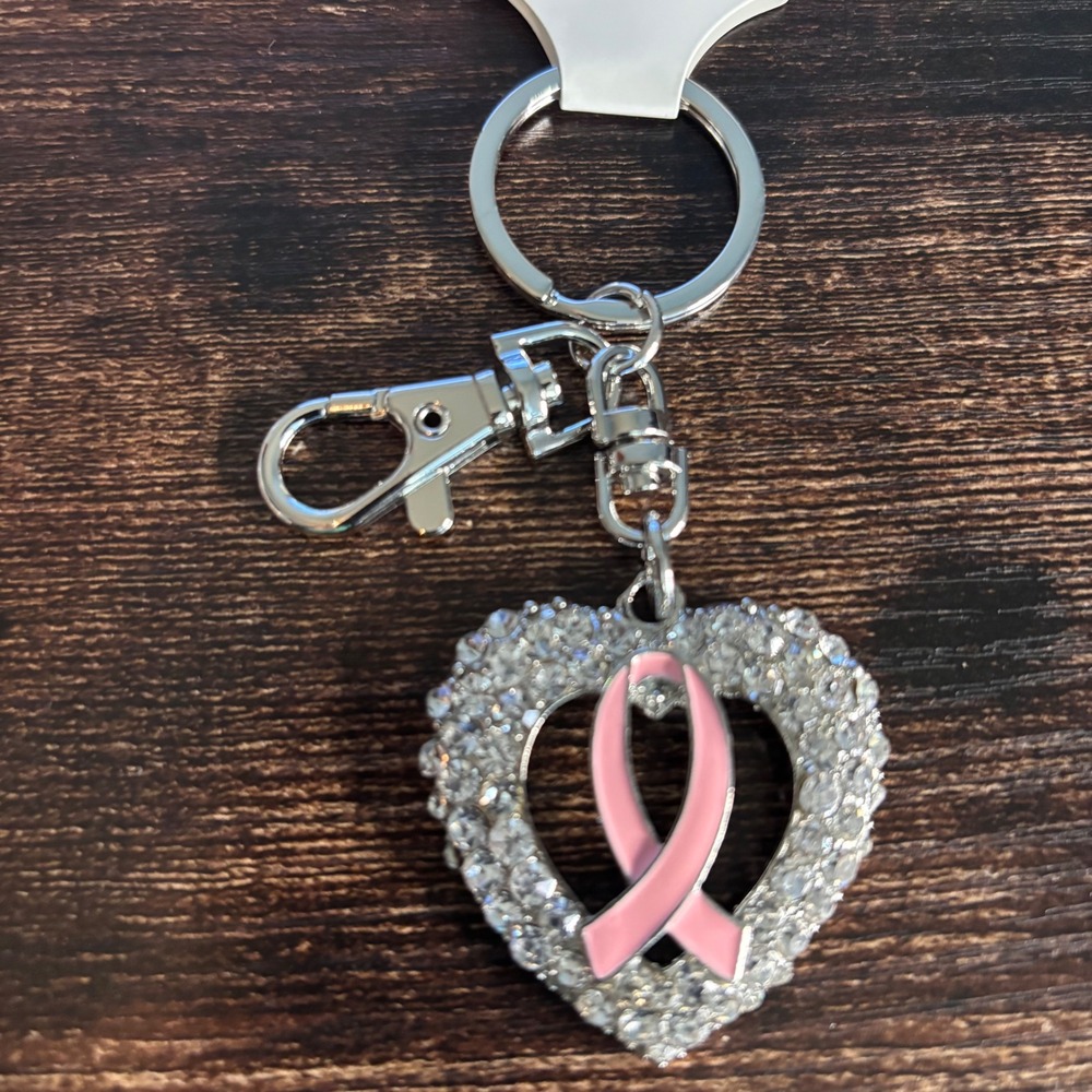 Pink Ribbon Breast Cancer Awareness Rhinestone Heart Keychain Silver Tone Clasp